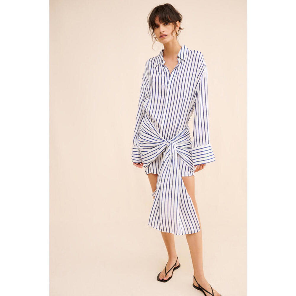 Anthropologie x Bardot - Blue Striped Asymmetrical Shirt Dress, Size 12